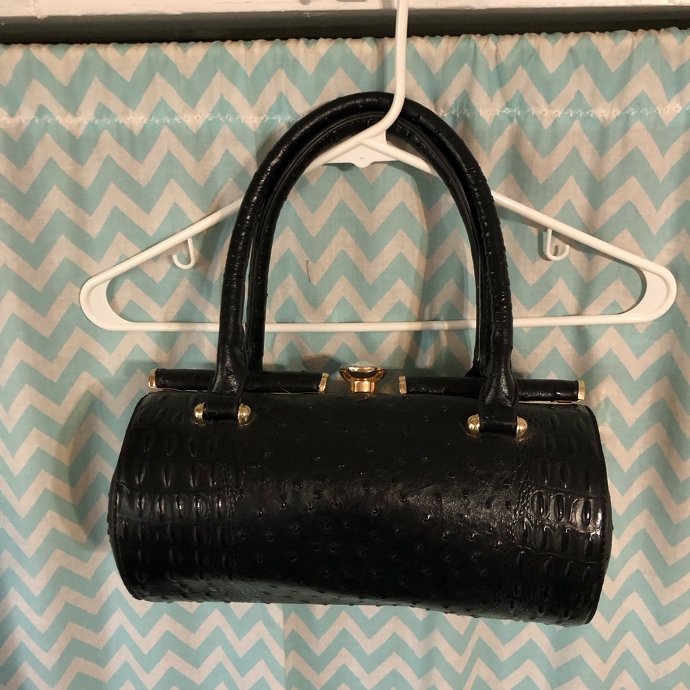 CindiLou Ruby black faux leather barrel shaped handbag purse